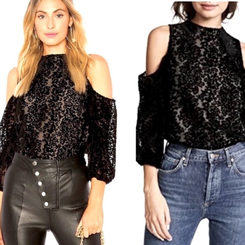 Alice + Olivia Black Velvet Burnout Cold-Shoulder Blouse